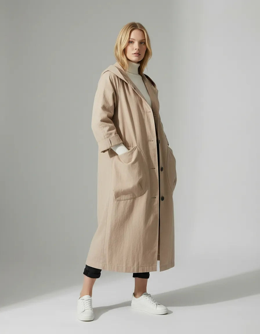 Langer Trenchcoat für Damen mit geradem Schnitt und großen Seitentaschen