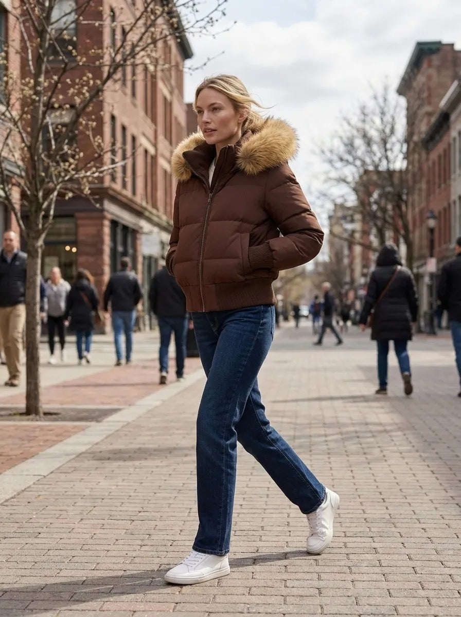 Kurze Jacke für Damen mit hohem Kragen und abnehmbarer Kapuze
