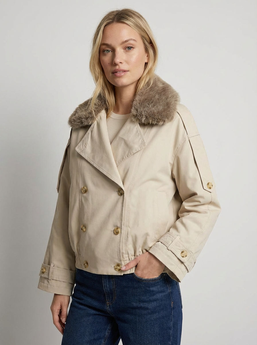Kurzer Trenchcoat für Damen mit flauschigem Kragen