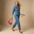 Denim Jumpsuit für Damen im Hemd Stil mit Taillengürtel und cropped Bein mit elastischem Abschluss
