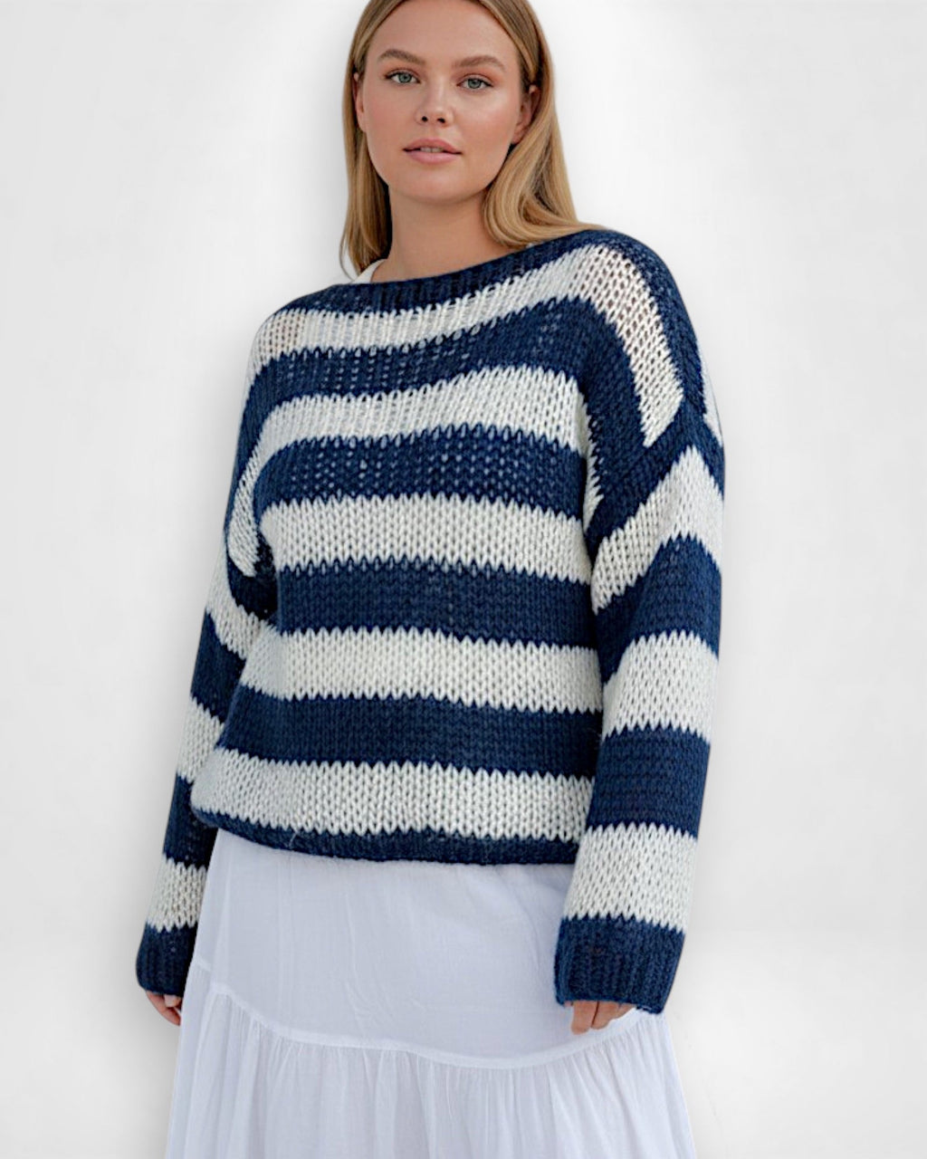 Gestreifter Pullover für Damen mit überschnittenen Schultern und Langarm-Design