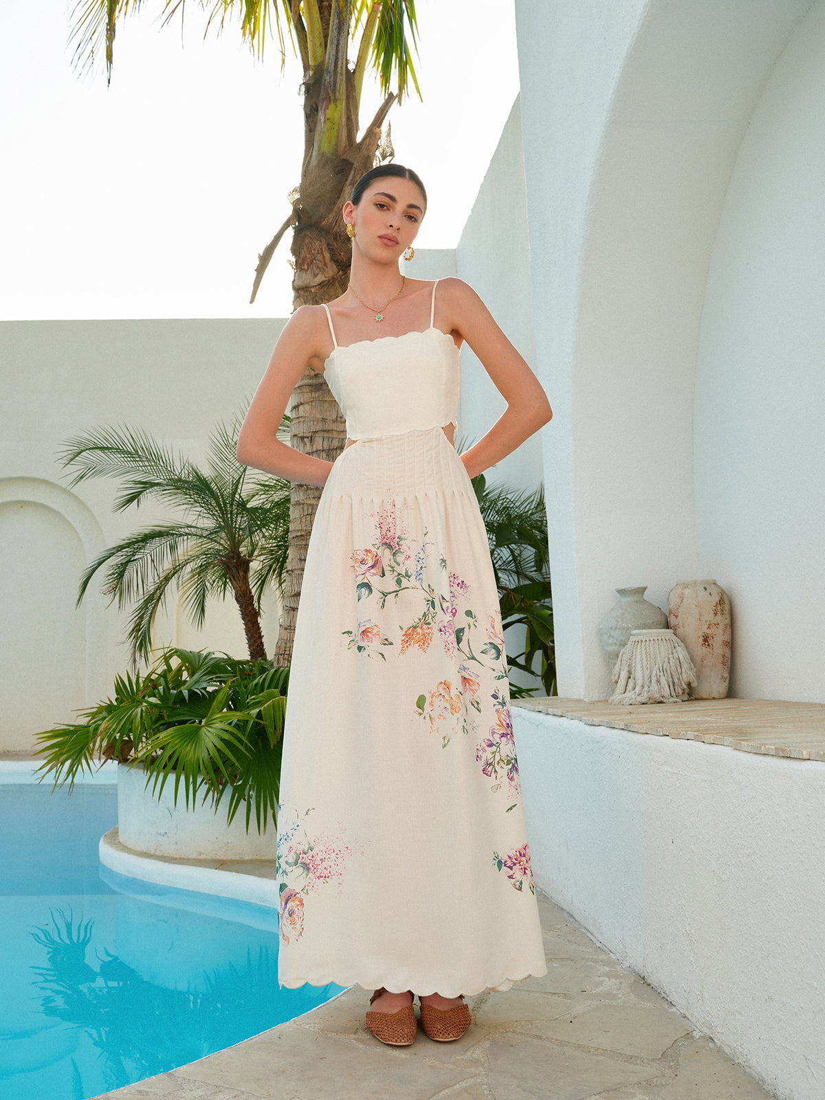 Celia | Damen Maxikleid mit Blumendruck, Cut-Out Spaghettiträger