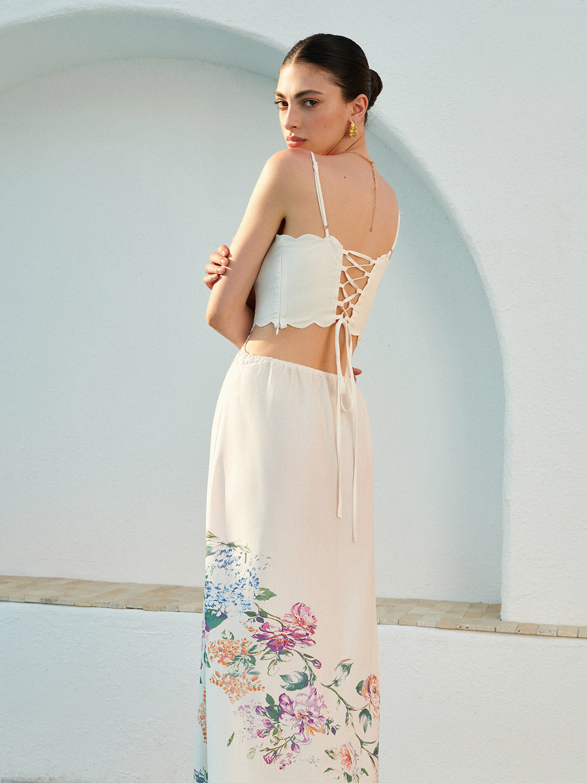 Celia | Damen Maxikleid mit Blumendruck, Cut-Out Spaghettiträger