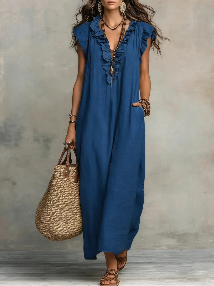 Frieda | Damen Rüschen Maxikleid Ärmellos