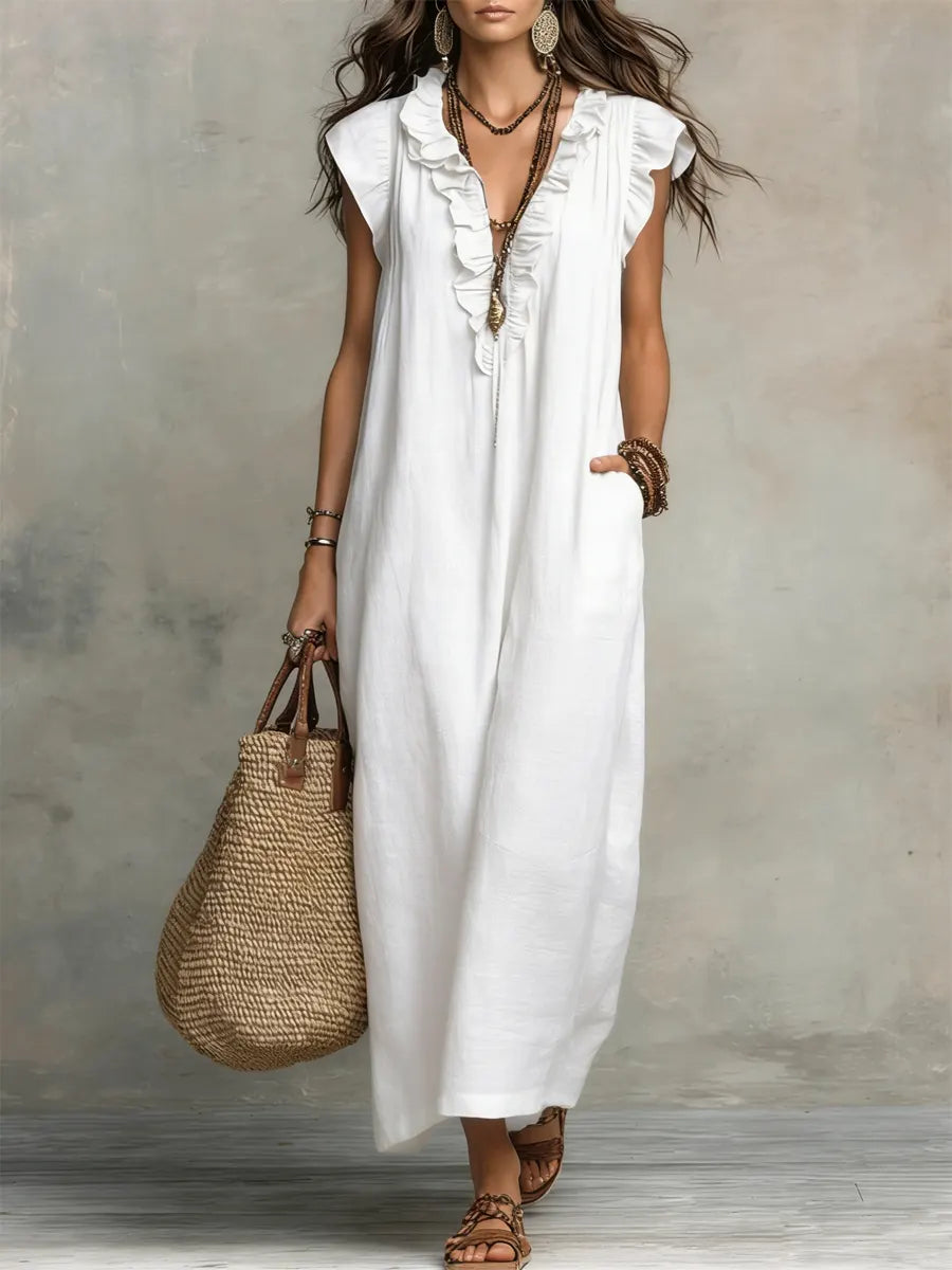 Frieda | Damen Rüschen Maxikleid Ärmellos
