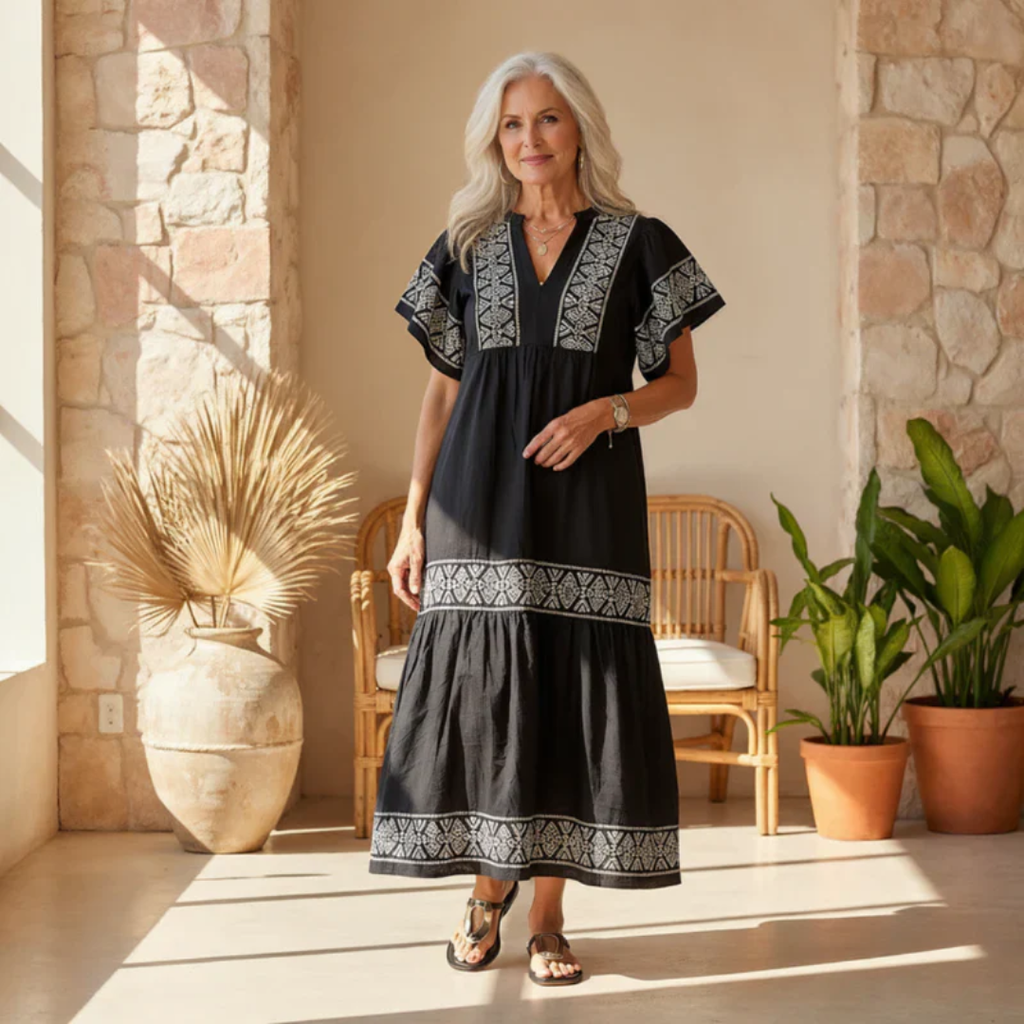 Galina | Damen Modernes Sommerkleid Midi Boho mit V-Ausschnitt