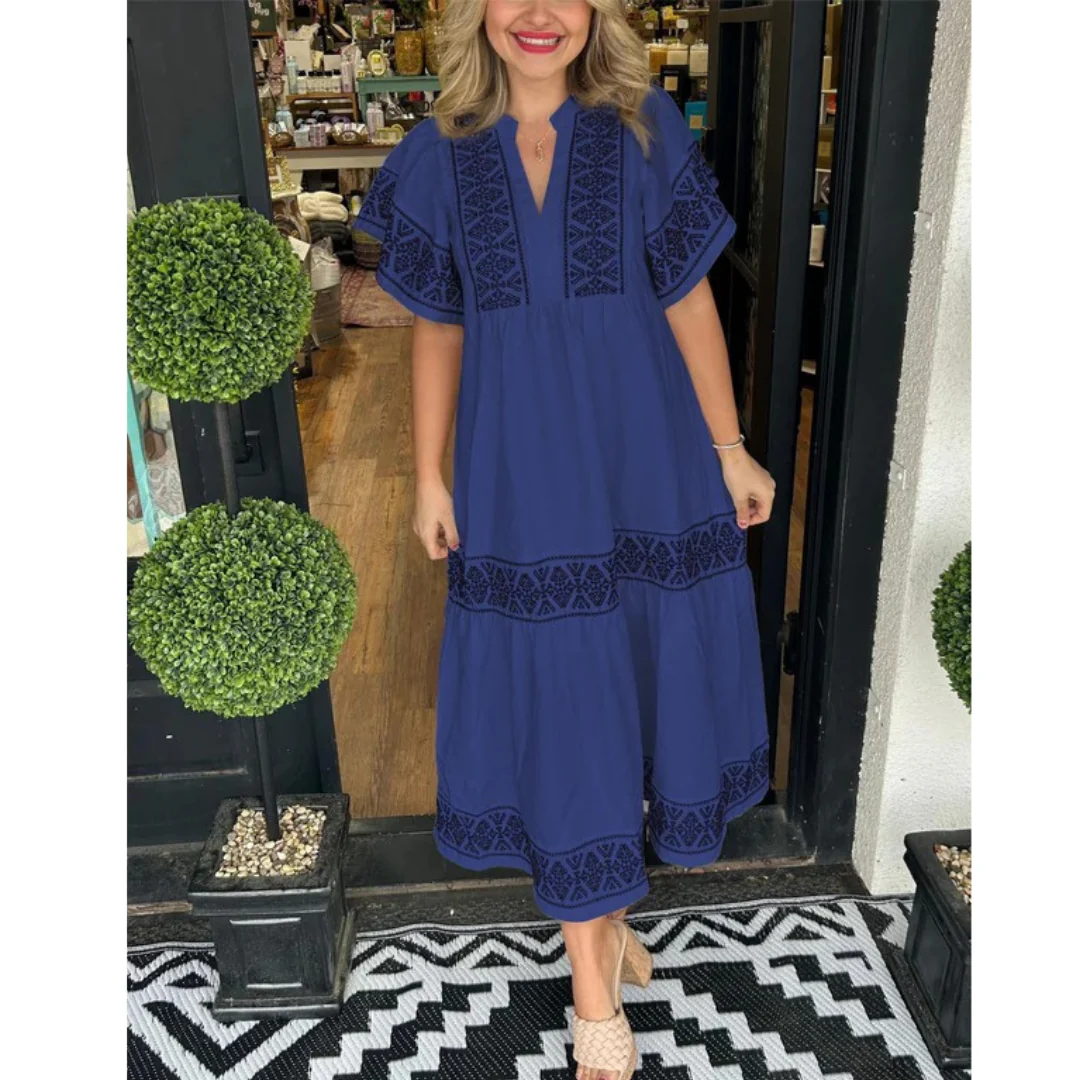Galina | Damen Modernes Sommerkleid Midi Boho mit V-Ausschnitt