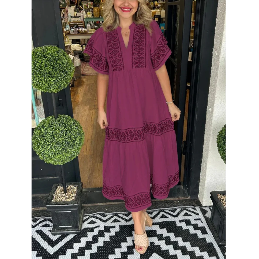 Galina | Damen Modernes Sommerkleid Midi Boho mit V-Ausschnitt