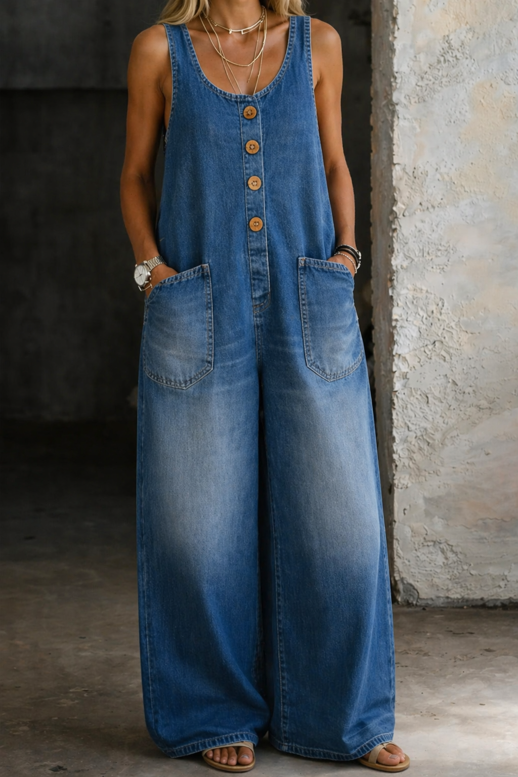 Greta | Damen Ärmellos Overall mit Knöpfen