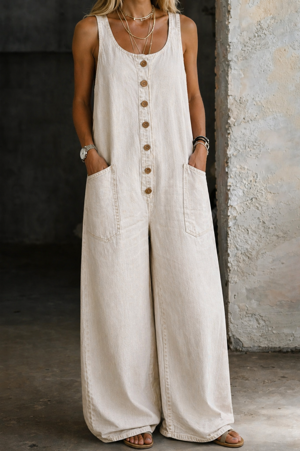 Greta | Damen Ärmellos Overall mit Knöpfen