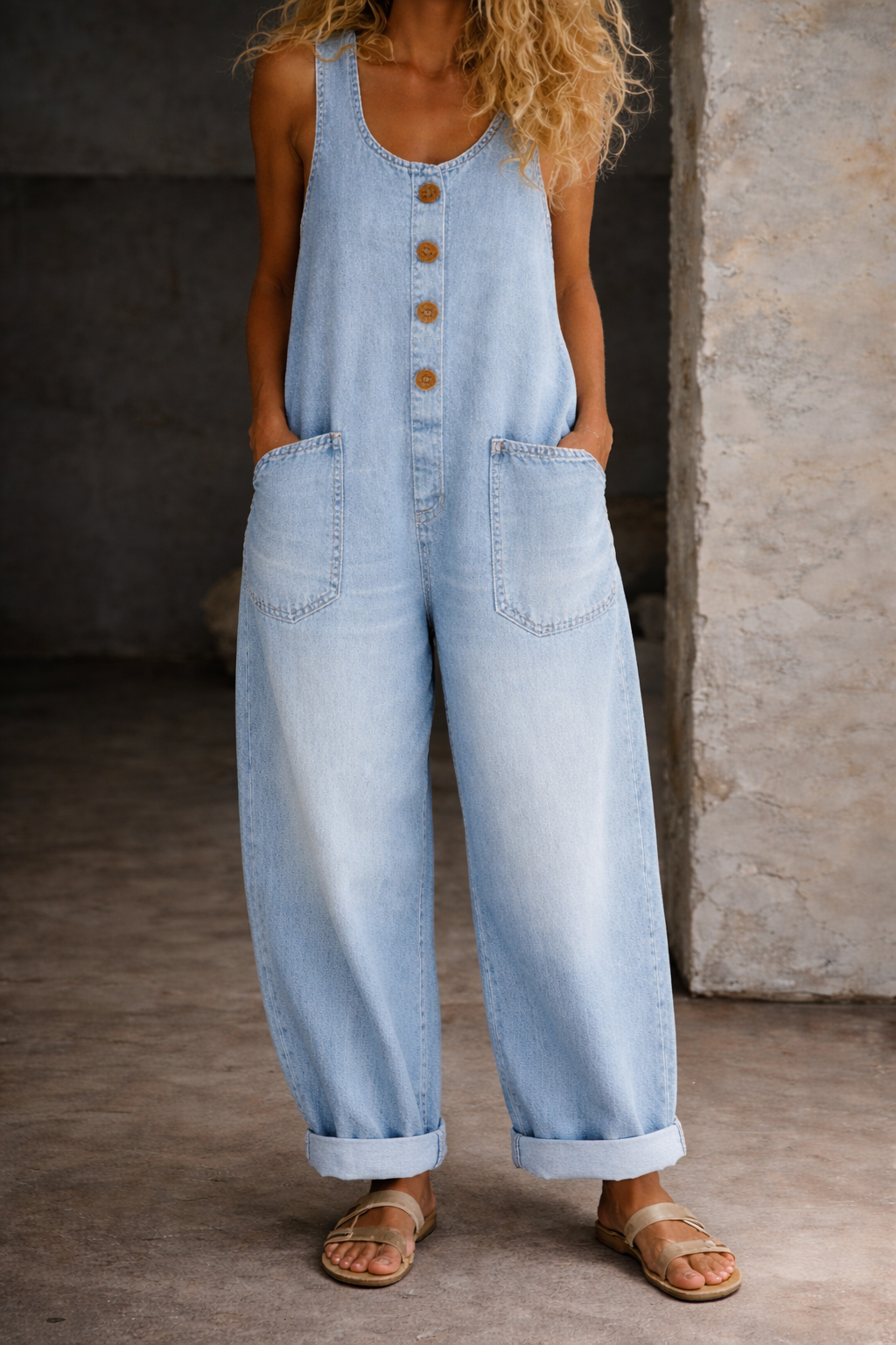 Greta | Damen Ärmellos Overall mit Knöpfen
