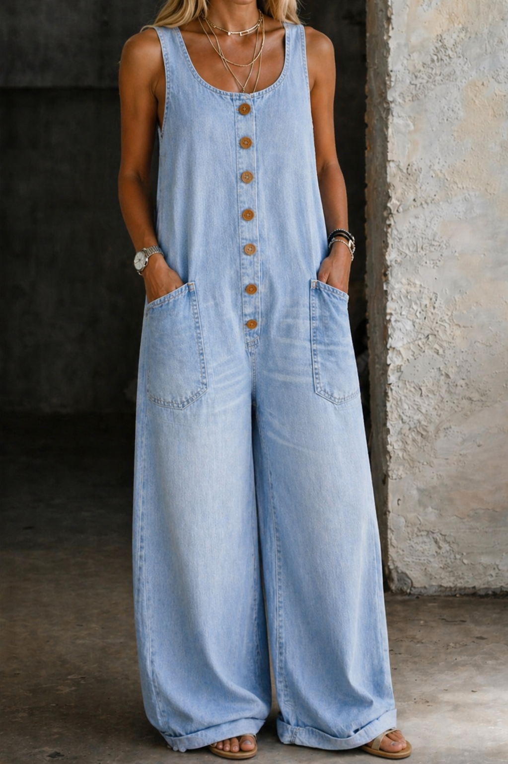 Greta | Damen Ärmellos Overall mit Knöpfen