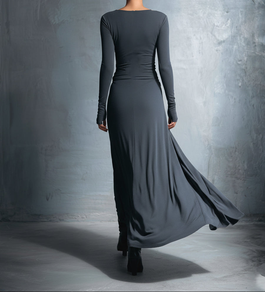 Damen Lässig Langarm Drapiertes Maxikleid