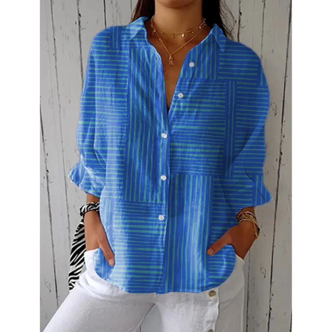 Hella | Damen Blaue Gestreifte Bluse Mit Kragen