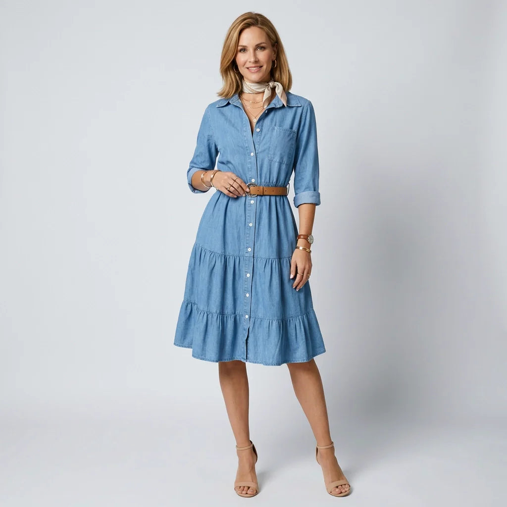 Hemdblusenkleid aus Denim in A-Linie mit Gürtel