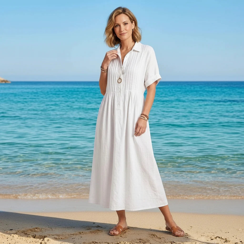 Kurzarm Hemdblusenkleid in wadenlanger Form mit Knopfleiste