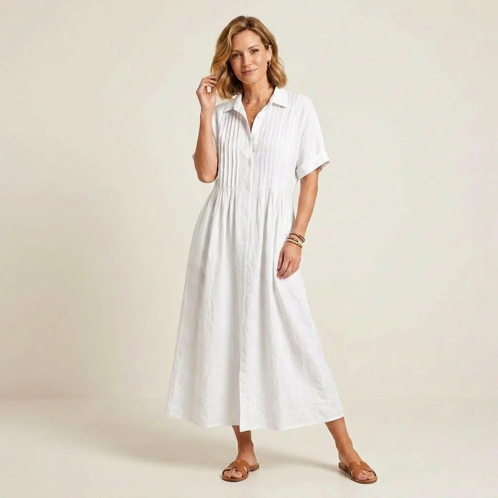 Kurzarm Hemdblusenkleid in wadenlanger Form mit Knopfleiste