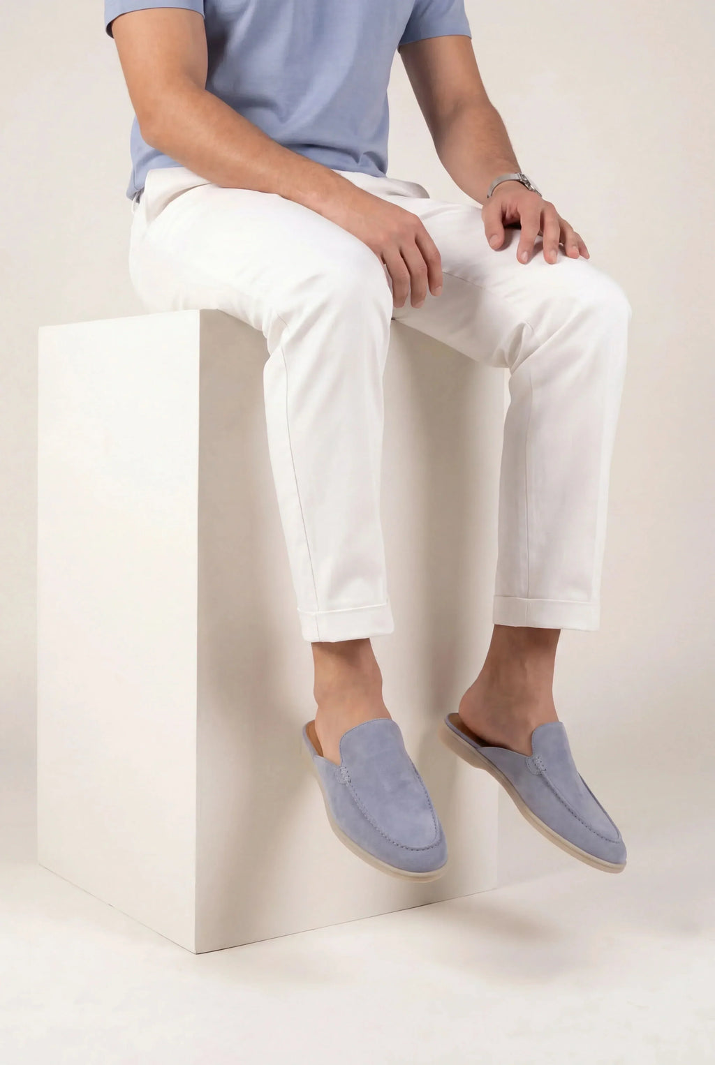 Baby Blue Suede Yacht Mules