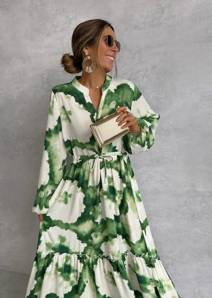 Palma | Damen Maxikleid mit Tie-Dye Muster, Langarm V-Ausschnitt