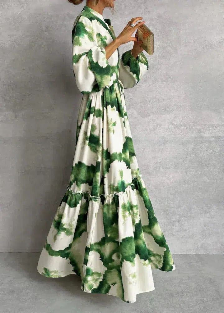 Palma | Damen Maxikleid mit Tie-Dye Muster, Langarm V-Ausschnitt