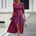 Valentina | Damen Hemdblusenkleid Midi, A-Linie mit Bindegürtel Print