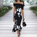 Noelle | Damen Off-Shoulder Midikleid mit Blumenmuster, figurbetont