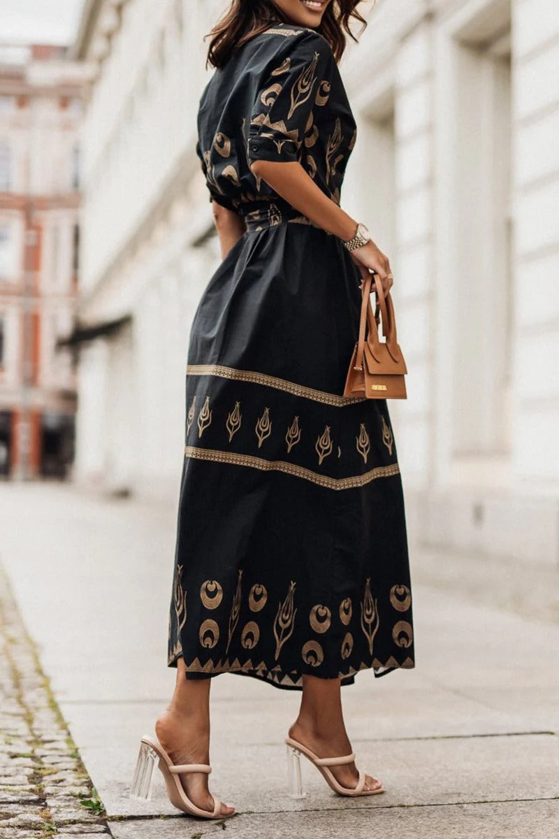 Freya | Damen Midi Kleid mit Goldprint, Kurzarm A-Linie Bindegürtel