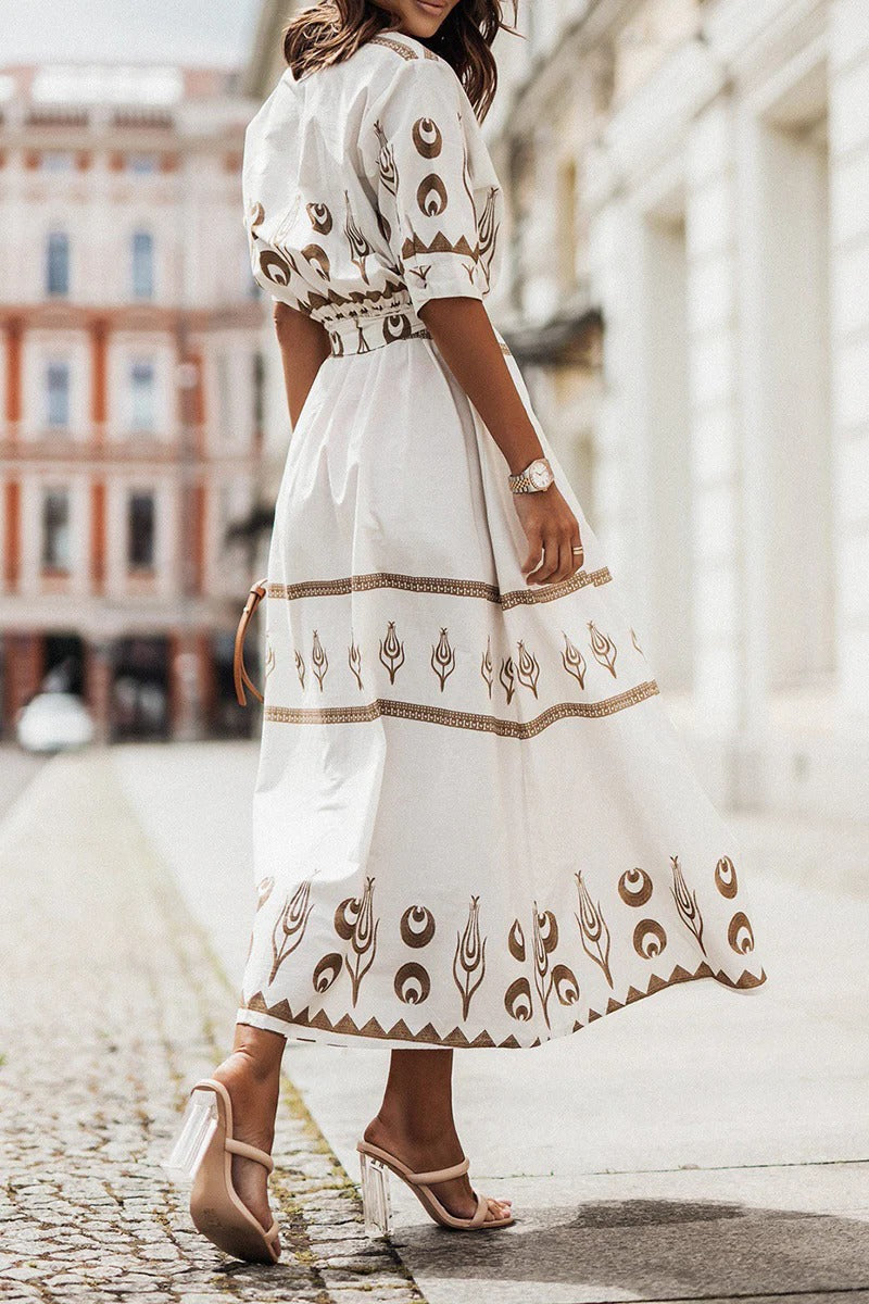 Freya | Damen Midi Kleid mit Goldprint, Kurzarm A-Linie Bindegürtel