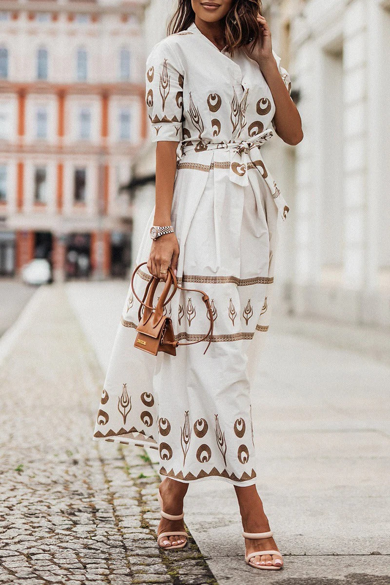 Freya | Damen Midi Kleid mit Goldprint, Kurzarm A-Linie Bindegürtel