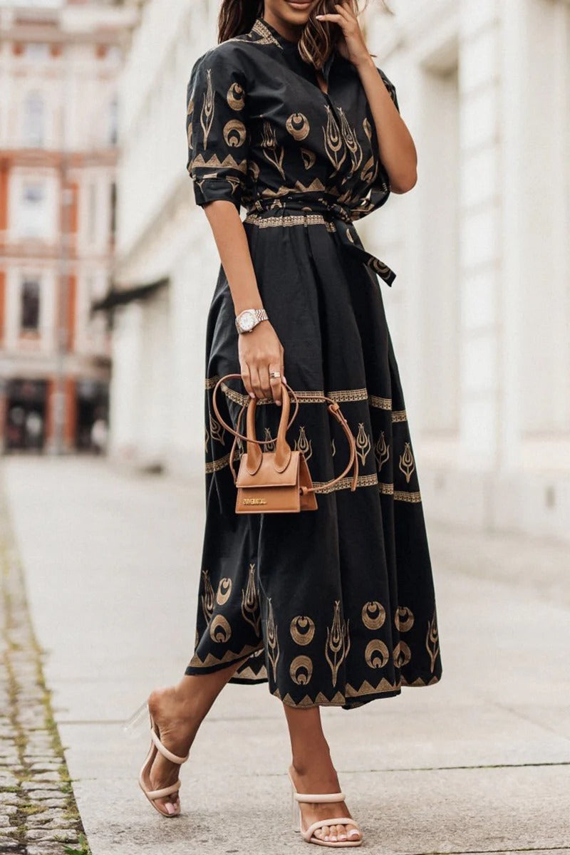 Freya | Damen Midi Kleid mit Goldprint, Kurzarm A-Linie Bindegürtel