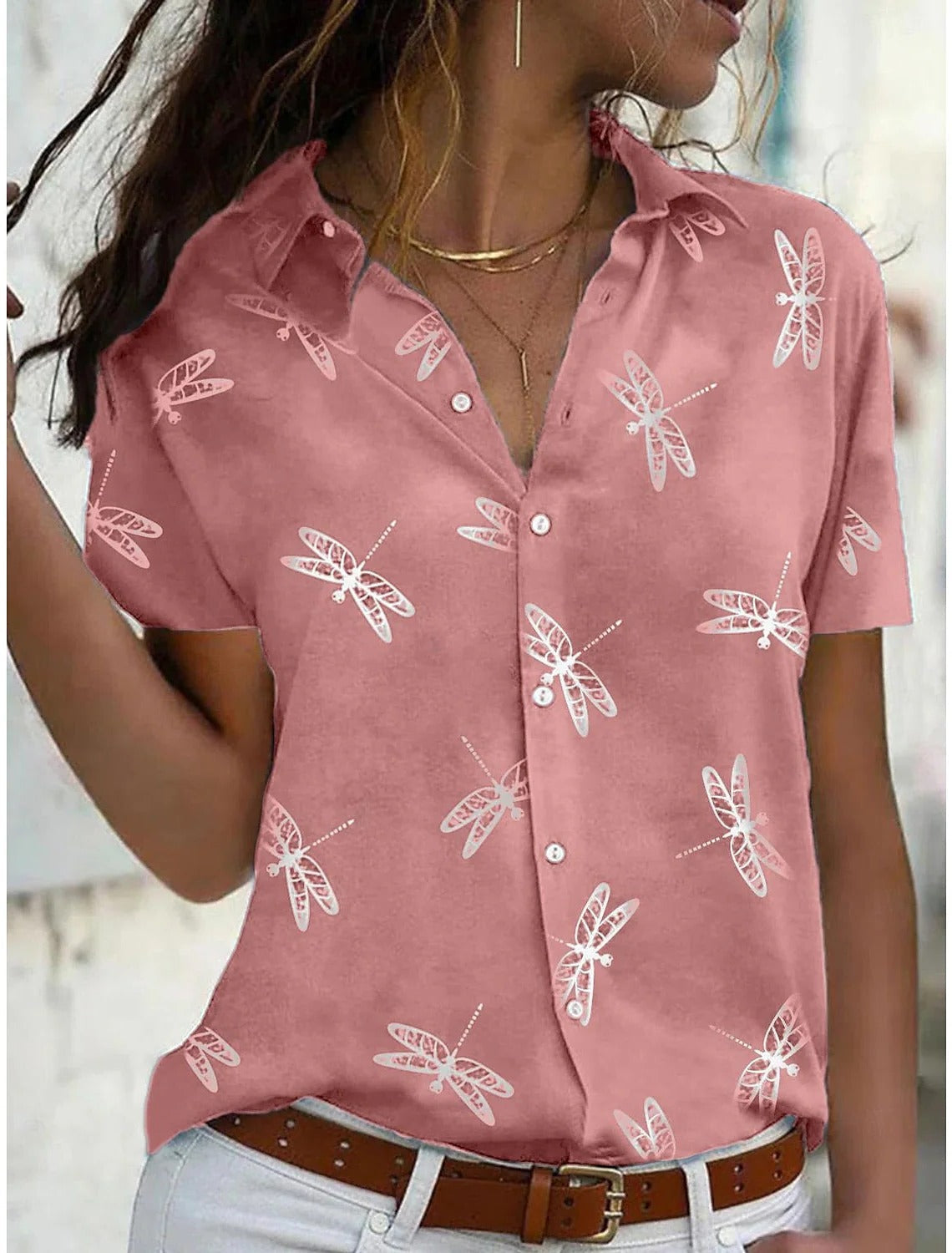 Lara | Damen Kurzarmbluse mit Libellenmuster, Hemdbluse Sommer