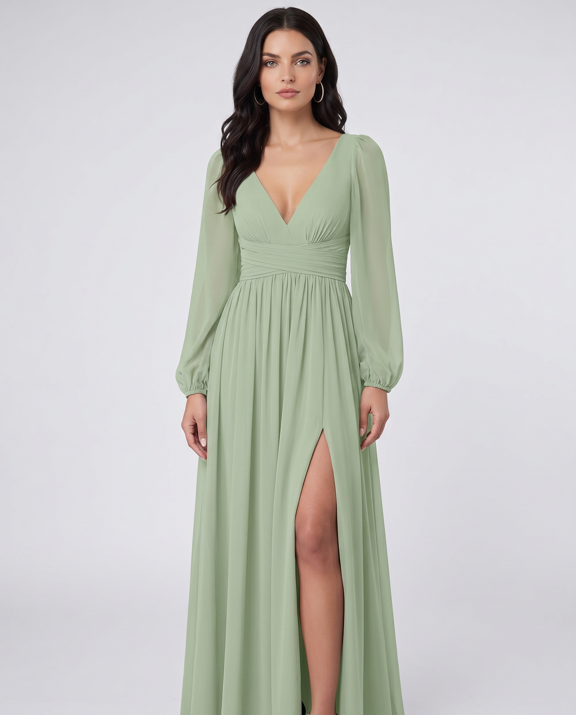 Norah Langes Abendkleid Salbeigrün