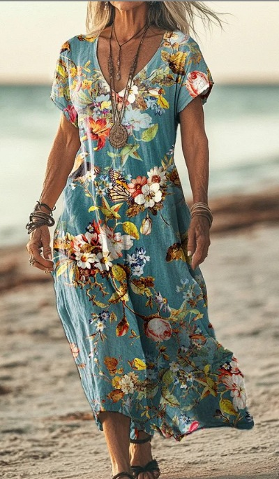 Damen Sommer Blumenmuster V-Ausschnitt Midikleid