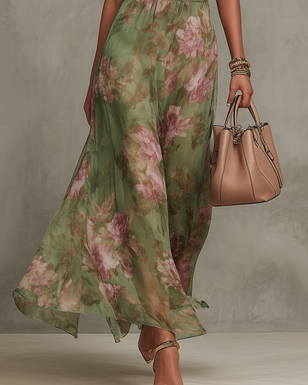 Emma Grünes Blumen Chiffon Maxikleid