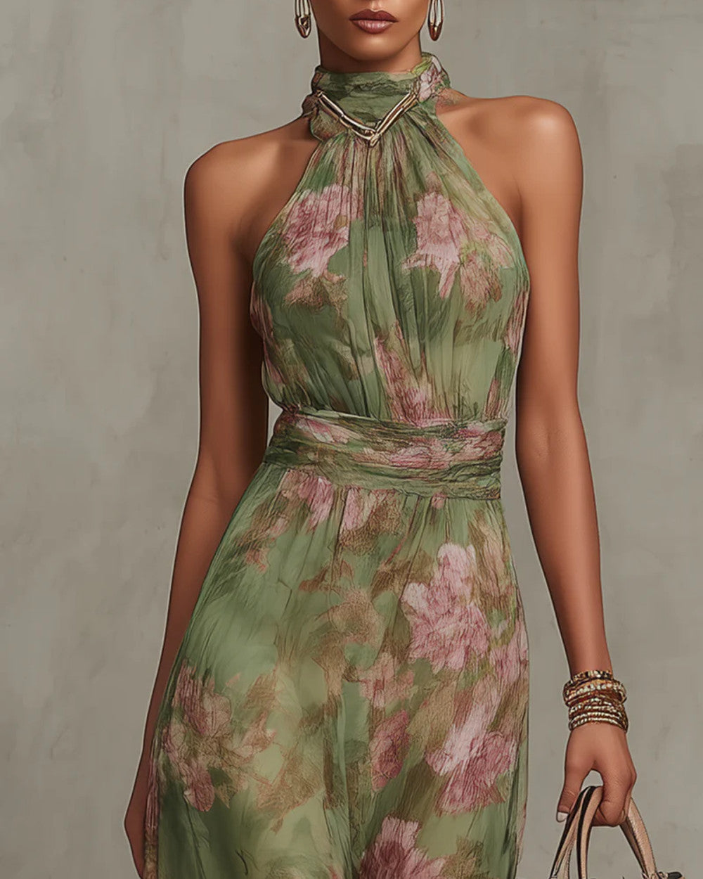 Emma Grünes Blumen Chiffon Maxikleid