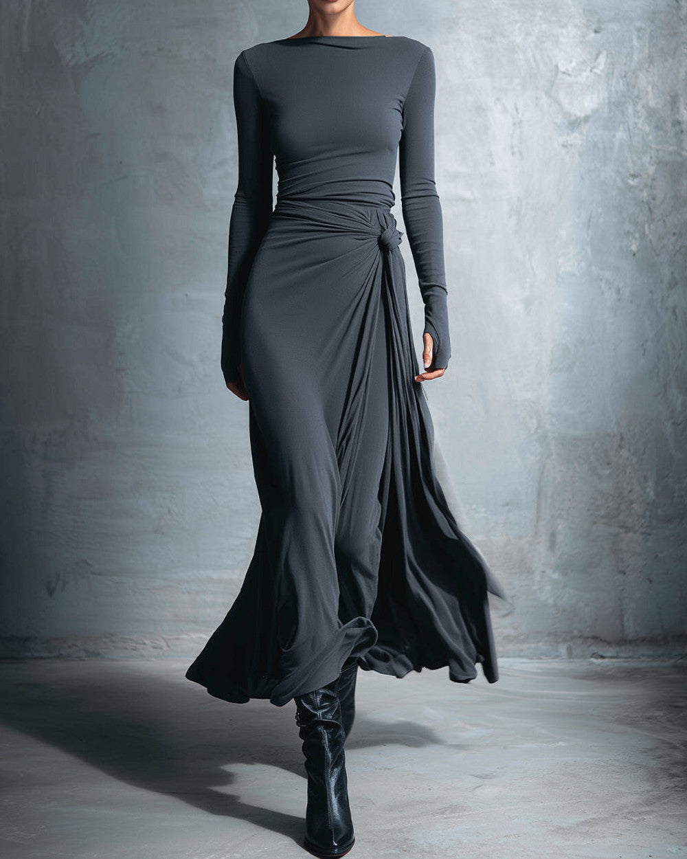 Emma Graues Wickelkleid Lang Damen