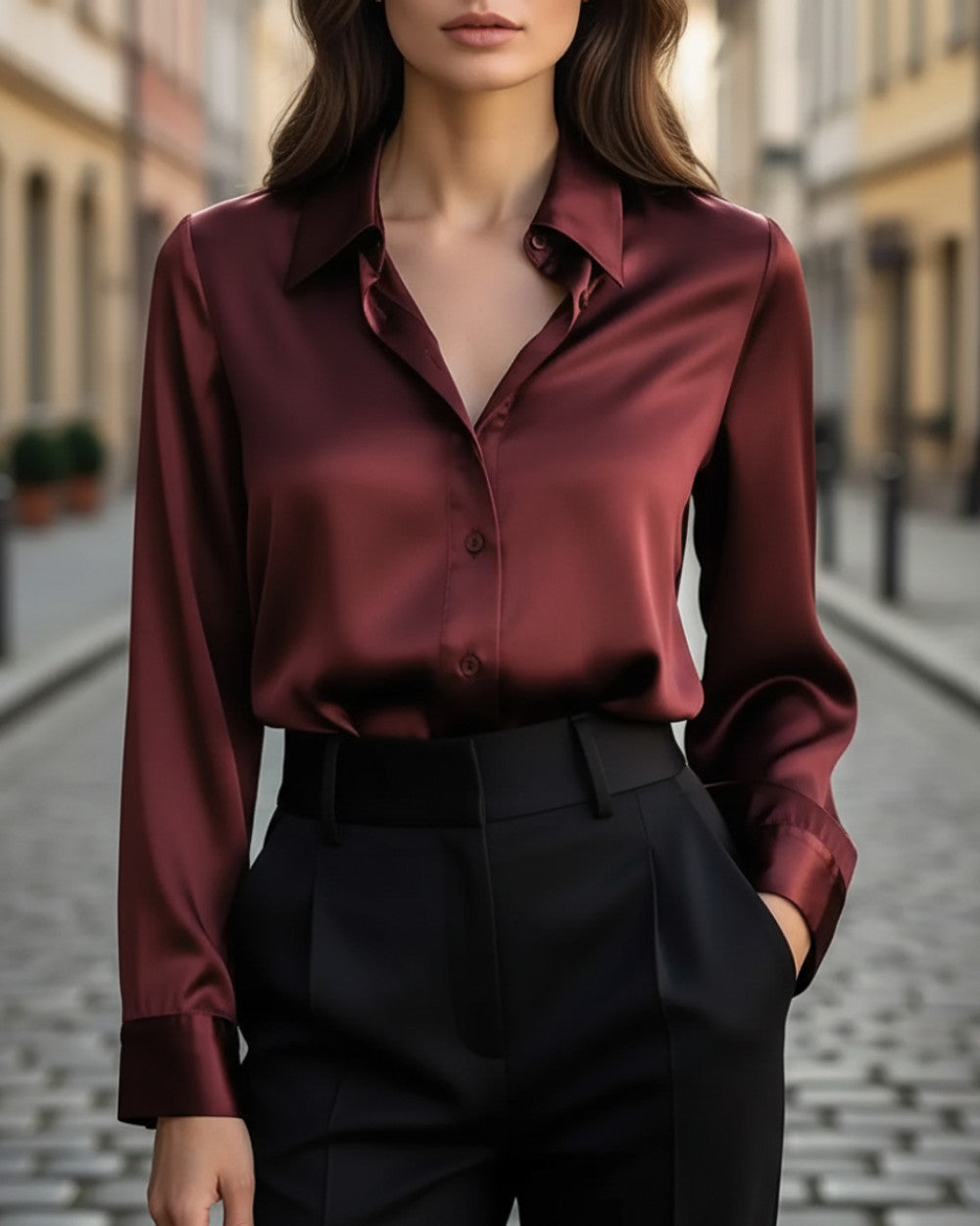 Sara Satinbluse Langarm Damen Elegant