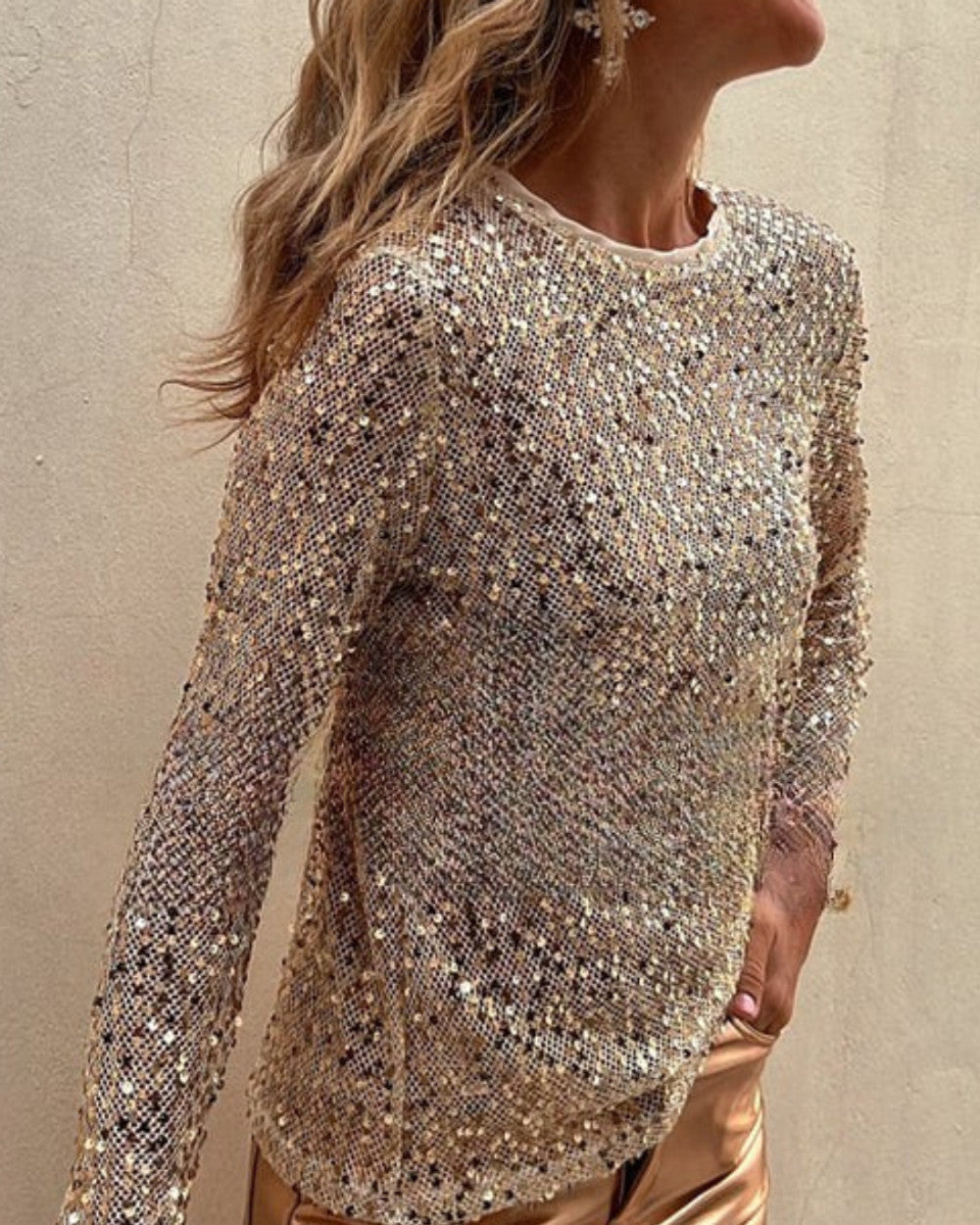 Lena Pailletten Langarm Bluse Damen