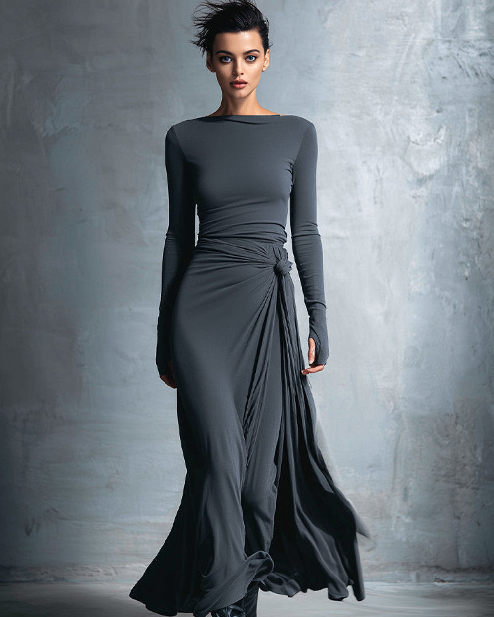 Emma Graues Wickelkleid Lang Damen