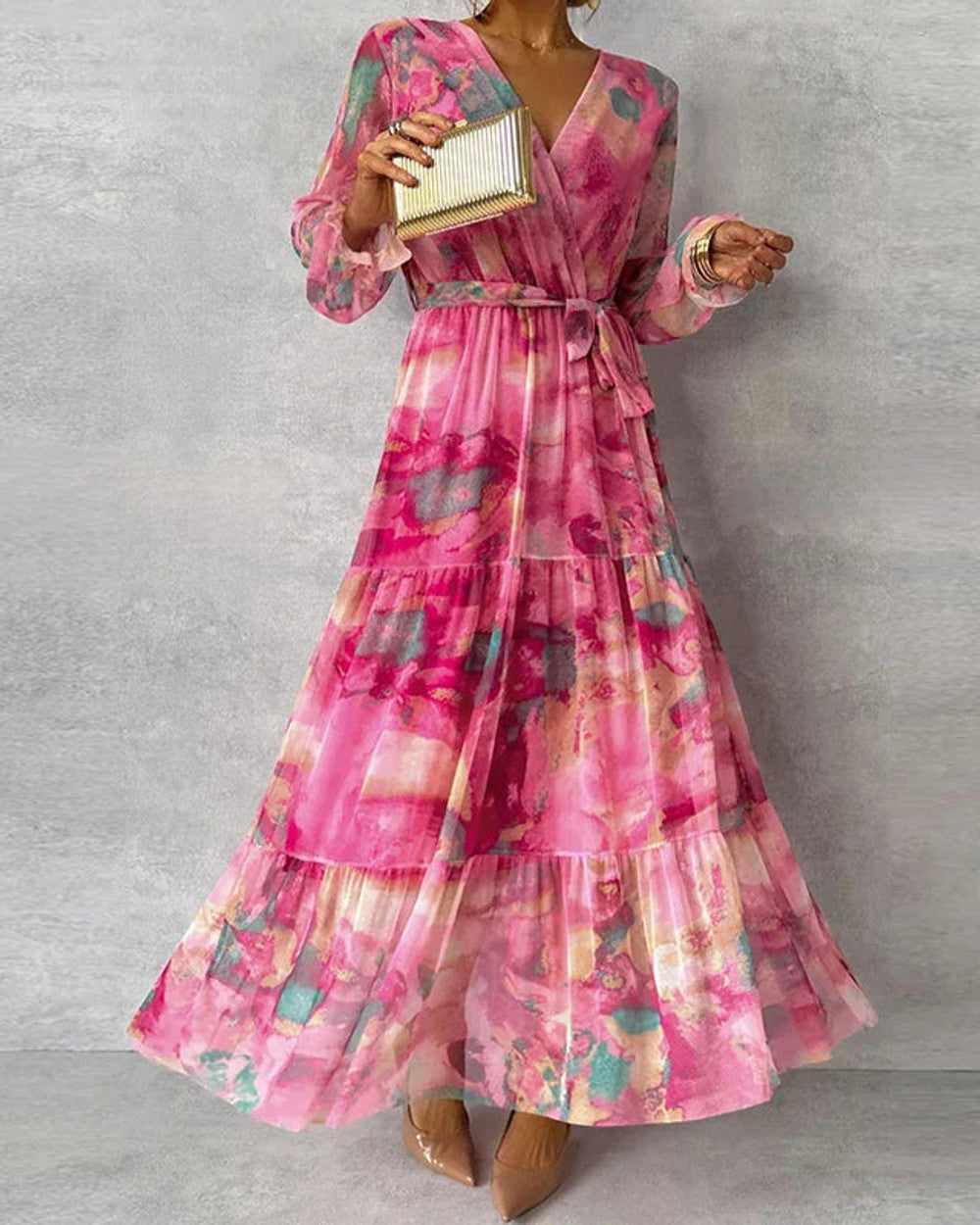 Clara Langärmeliges Blumenkleid Maxilänge