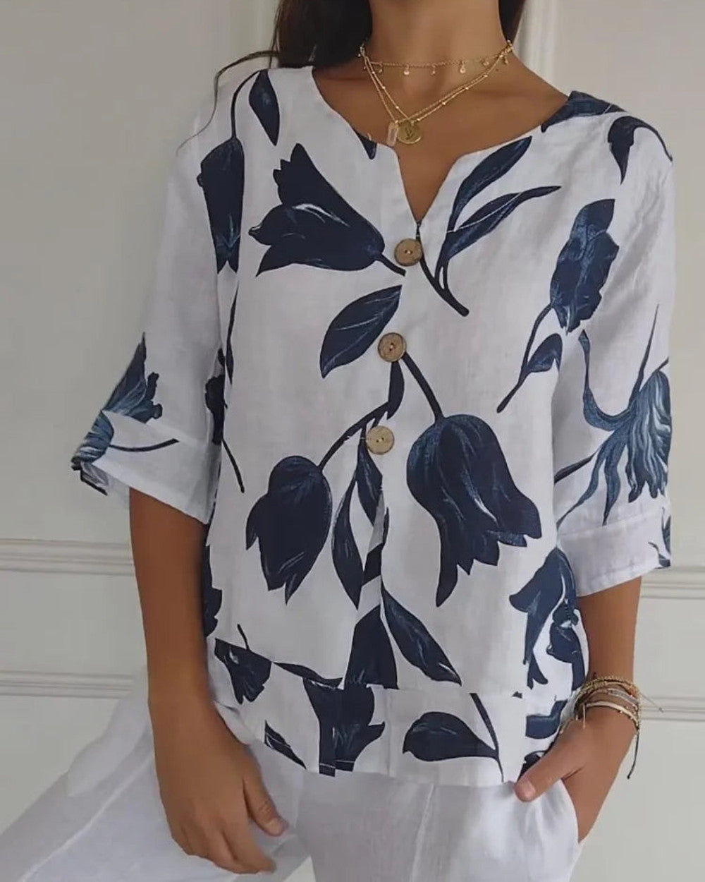 Lara Blumen V-Ausschnitt Bluse Damen