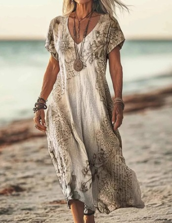 Damen Sommer Blumenmuster V-Ausschnitt Midikleid
