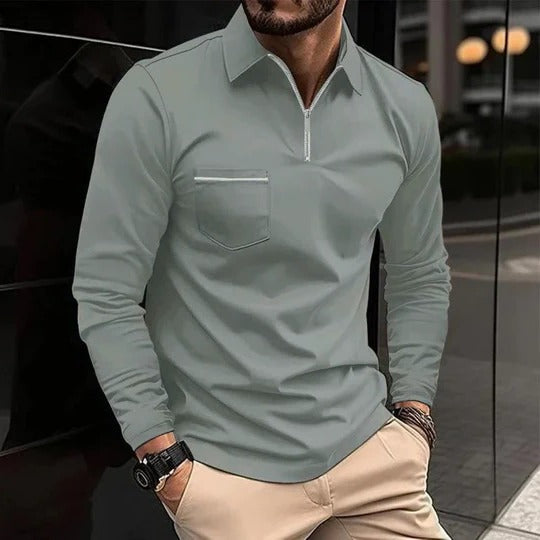 Herren Lässig Reißverschluss Langarm Poloshirt