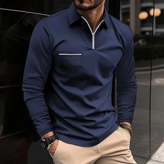 Herren Lässig Reißverschluss Langarm Poloshirt
