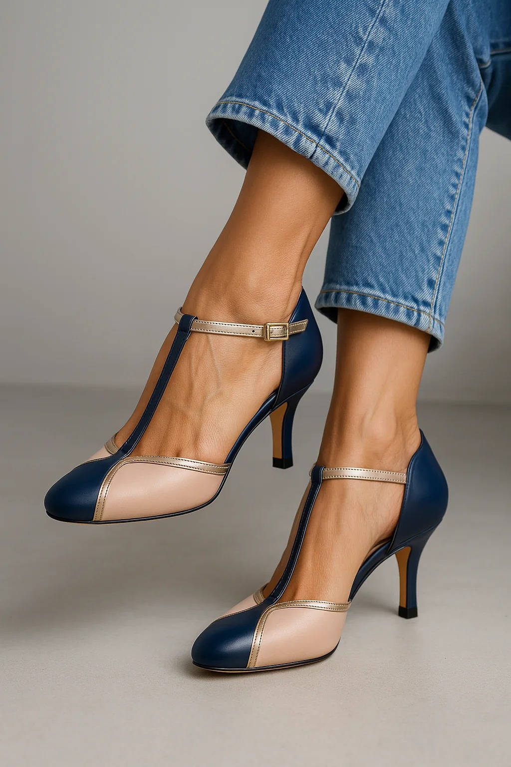 Damen Sommer Absatz Vintage Pumps mit T-Riemchen