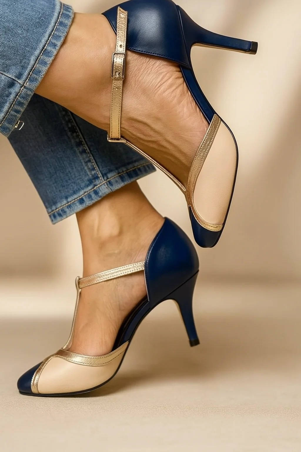 Damen Sommer Absatz Vintage Pumps mit T-Riemchen