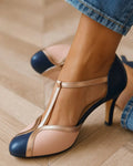 Damen Sommer Absatz Vintage Pumps mit T-Riemchen