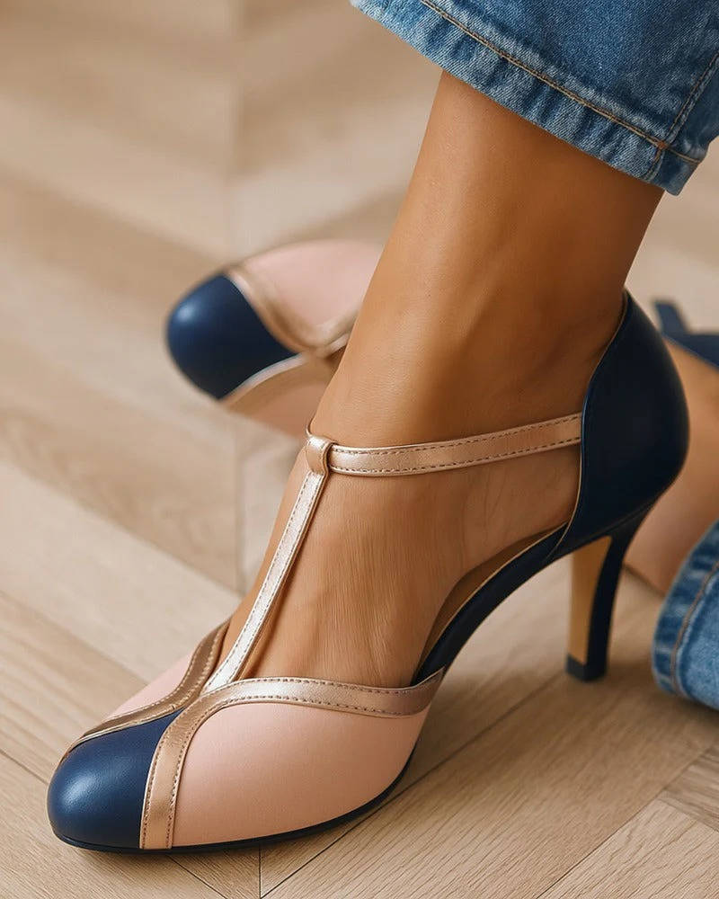 Damen Sommer Absatz Vintage Pumps mit T-Riemchen