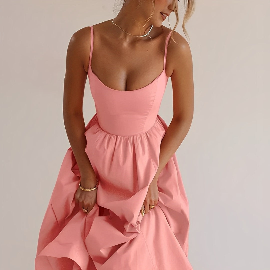 Damen Elegante Sommer Midikleid mit Spaghettiträger