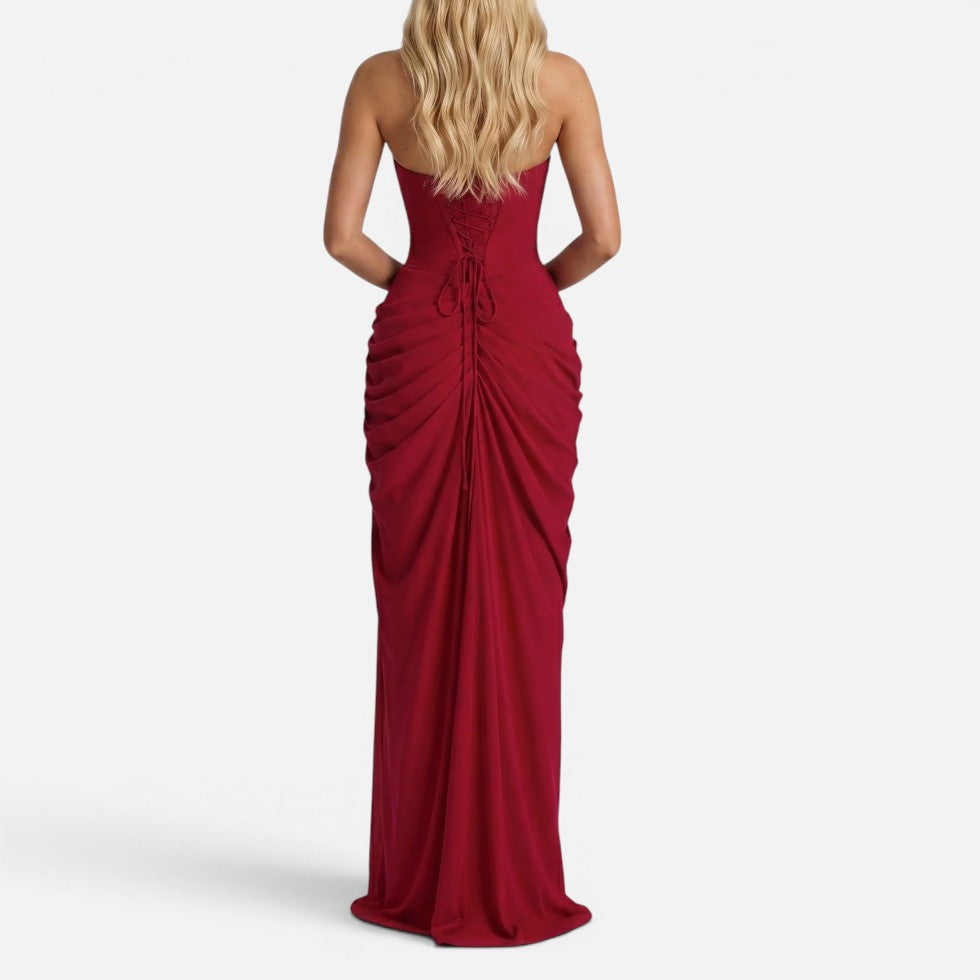 Maxikleid Drapiert Schulterfrei Ärmellos Schlitz